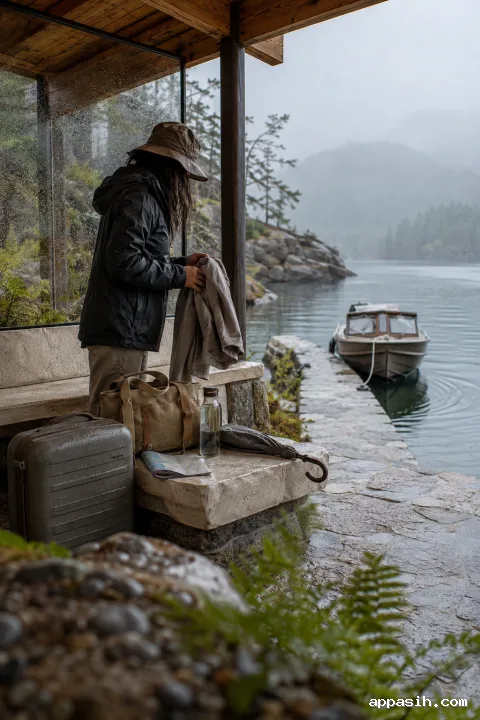 Closer three-quarter view of an anonymous traveler lifting a rain jacket beside luggage at a wet island arrival pavilion, with a small passenger launch and misty inlet beyond.