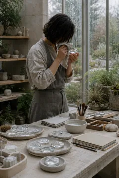 Anonymous glass artisan polishing a translucent disc at a pale limestone worktable inside a rain-lit contemporary conservatory workshop.