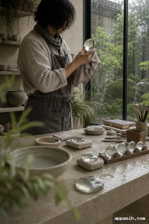 Close three-quarter portrait of an anonymous glass artisan inspecting a freshly polished translucent disc beside a rain-beaded conservatory window.