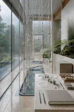Portrait view of a serene rain-soaked limestone technology atrium centered on a delicate three-dimensional network of translucent humidity-responsive fibers and ceramic sensor nodes.
