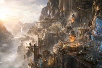 Cinematic concept art of an ancient coastal loom weaving glowing moonlight and ocean currents above a misty sea.