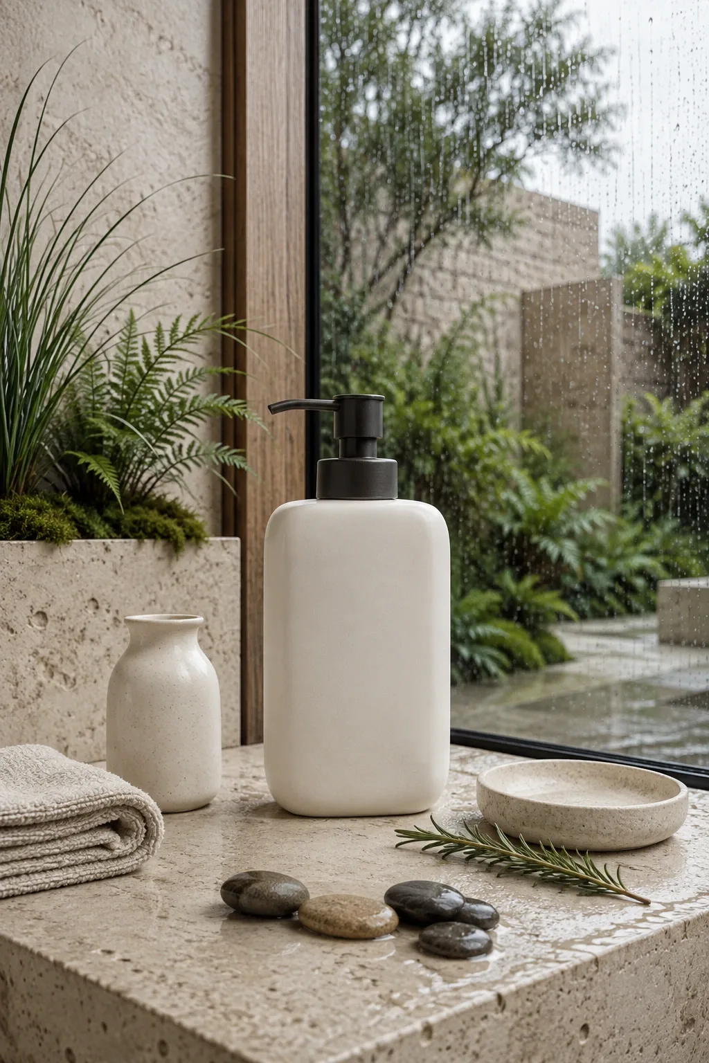 Unbranded warm off-white ceramic hand wash dispenser with a matte charcoal pump on a pale limestone ledge beside rain-beaded conservatory glass and soft green plants.
