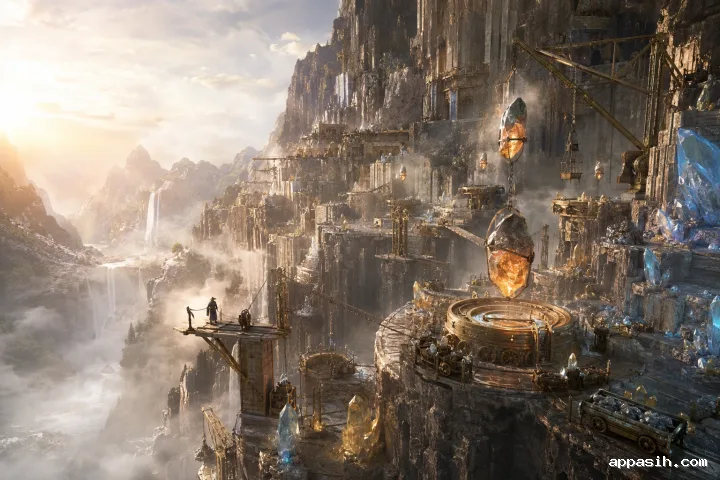 Ultra-detailed concept art of a monumental cliffside loom weaving moonlight and tidal energy into luminous celestial fabric above a mist-covered ocean.