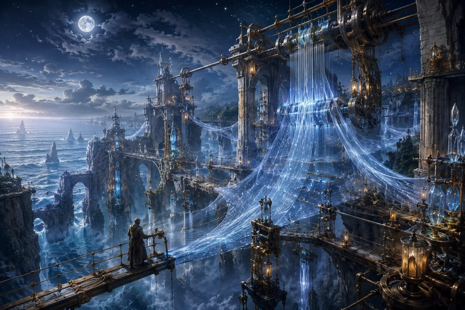 Cinematic concept art of a glowing underwater citadel surrounded by towering kelp forests and crystal domes beneath a moonlit ocean.