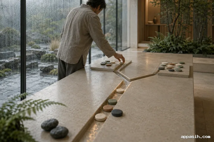 Closer three-quarter view of an anonymous strategy professional sliding a ceramic token into one branch of a limestone decision table while an alternate path remains open in a rain-washed conservatory.