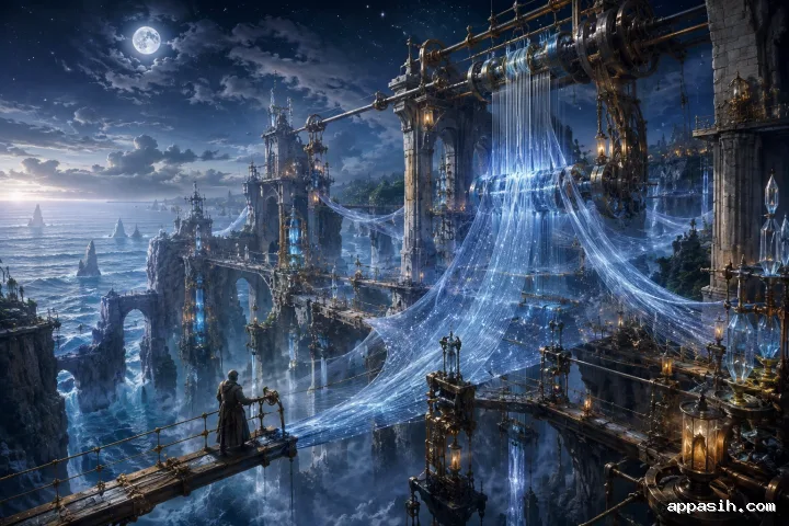 Ultra-detailed concept art of a monumental underwater citadel built around a luminous ancient kelp tree inside a vast ocean trench.