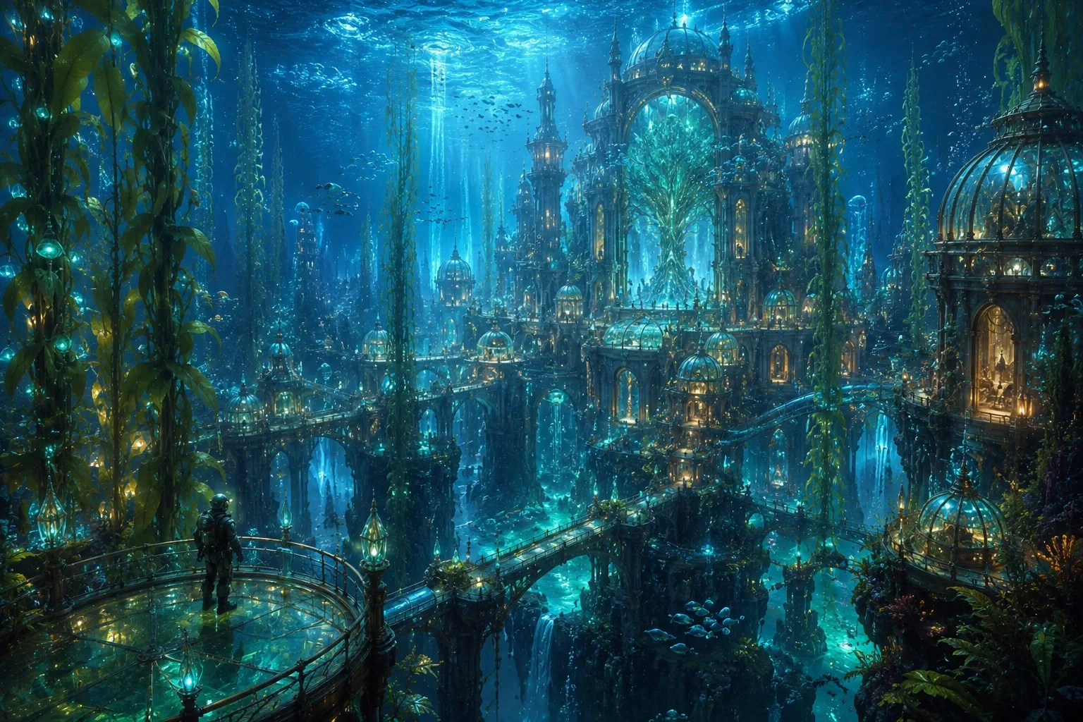 Cinematic concept art of a vast desert conservatory built around a glowing artificial sun inside an ancient crater.