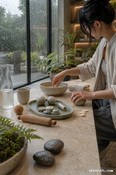 Close side-front view of an anonymous adult performing gentle hand-mobility exercises with ceramic forms and warm water in a rainy limestone conservatory.