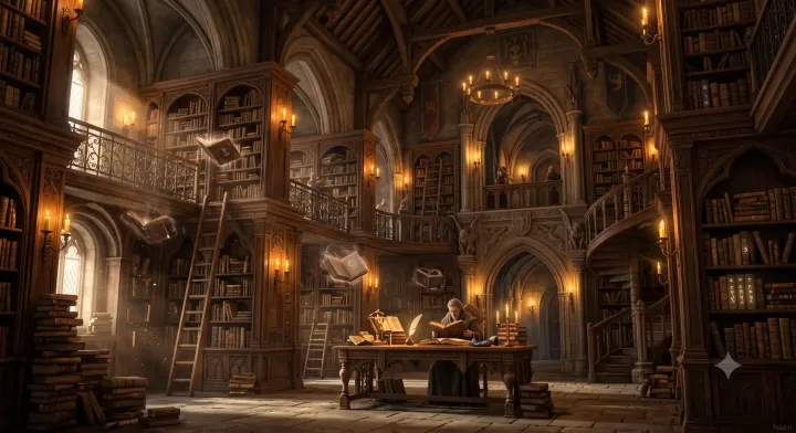 Premium fantasy concept art of an ancient magical library with floating books and glowing candles