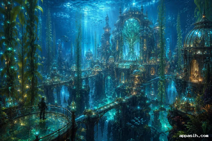 Ultra-detailed concept art of a monumental desert conservatory sustained by a suspended artificial sun as a robed caretaker observes from a high bridge.