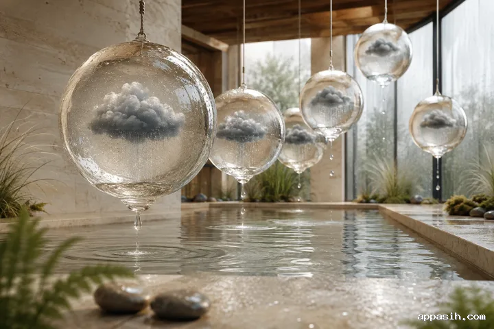 Close low three-quarter view of six floating translucent weather spheres containing miniature rainclouds above a rippling limestone basin in a rainy glass conservatory.