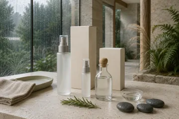 Blank frosted-glass botanical mist bottles, refill carafe, and ivory cartons arranged on a pale limestone counter inside a rainy glass conservatory.