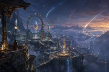 Cinematic concept art of a high-altitude sanctuary where enormous luminous whale-shaped creatures carry gardens above the clouds.