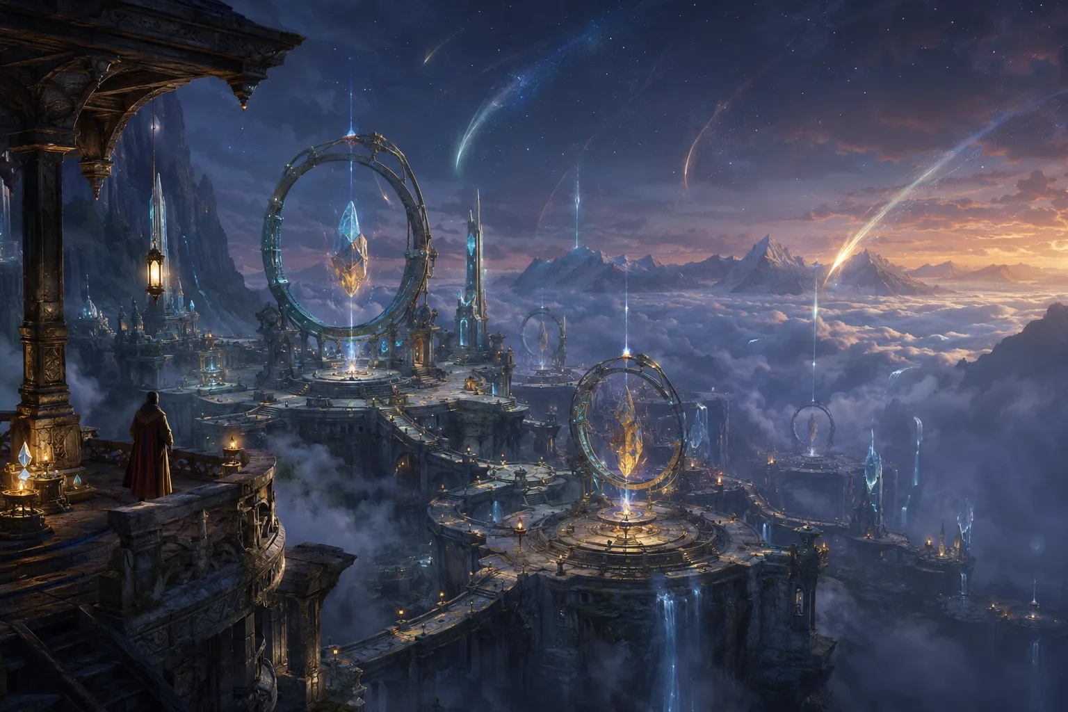 Cinematic concept art of a high-altitude sanctuary where enormous luminous whale-shaped creatures carry gardens above the clouds.