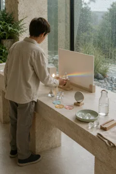 Anonymous learner adjusting a glass prism at a rain-lit conservatory science table while a soft white beam separates into a subtle color spectrum.