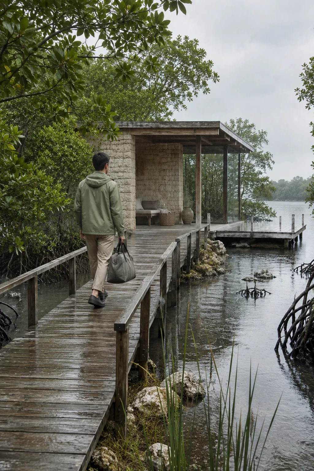 Anonymous traveler in a muted rain jacket walking along a wet timber boardwalk through a mangrove estuary toward a minimalist limestone arrival shelter during soft morning rain.