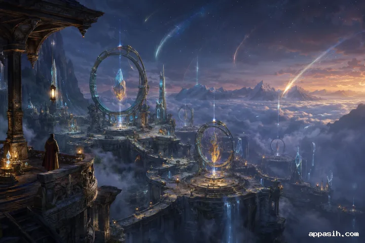 Ultra-detailed concept art of a monumental cliffside sanctuary caring for colossal glowing sky whales carrying botanical gardens above a cloud-filled world.