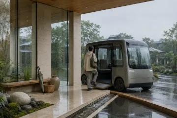 Anonymous traveler boarding an unbranded compact electric microtransit shuttle at a rain-washed pale-limestone and glass mobility pavilion.