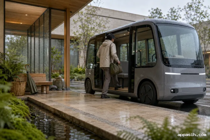 Close low three-quarter view of an anonymous traveler stepping into an unbranded warm-gray electric microtransit shuttle at a rain-covered limestone and glass mobility pavilion.