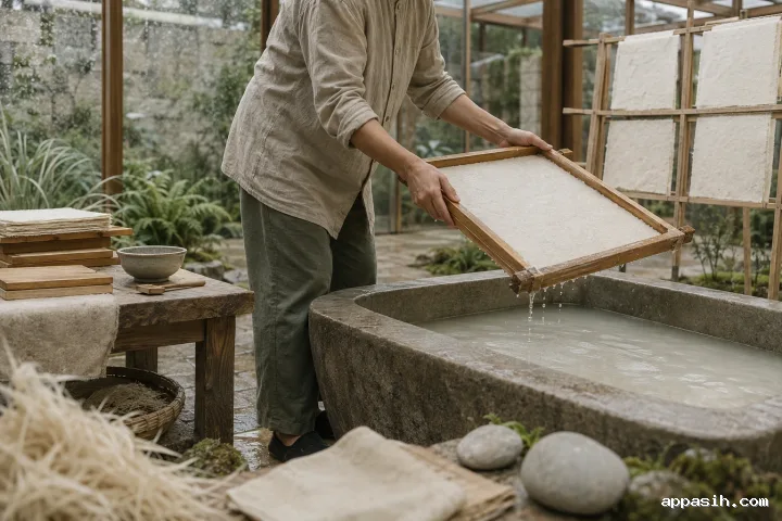Closer side-front view of an anonymous artisan draining a freshly formed mulberry-fiber sheet above a stone papermaking vat in a rainy heritage conservatory courtyard.