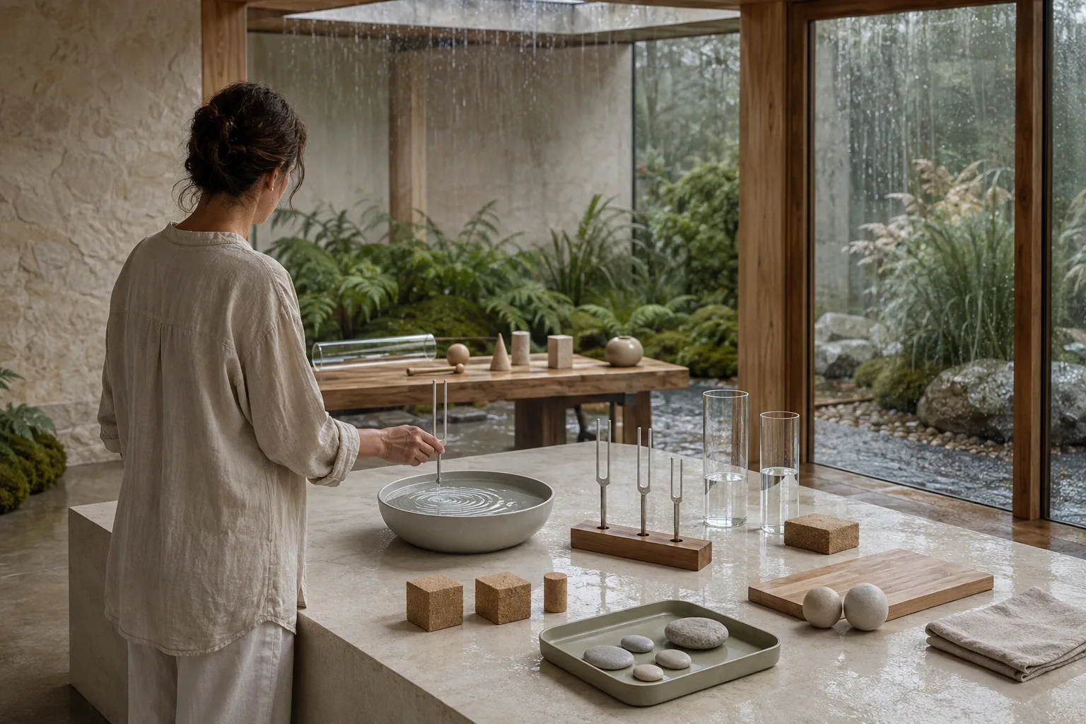 Anonymous educator demonstrating acoustic resonance with a tuning fork and rippling water at a limestone learning table inside a rainy glass conservatory classroom.
