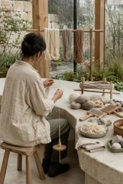 Anonymous artisan hand-spinning warm ivory wool with a wooden drop spindle in a serene rain-washed limestone and timber conservatory craft courtyard.