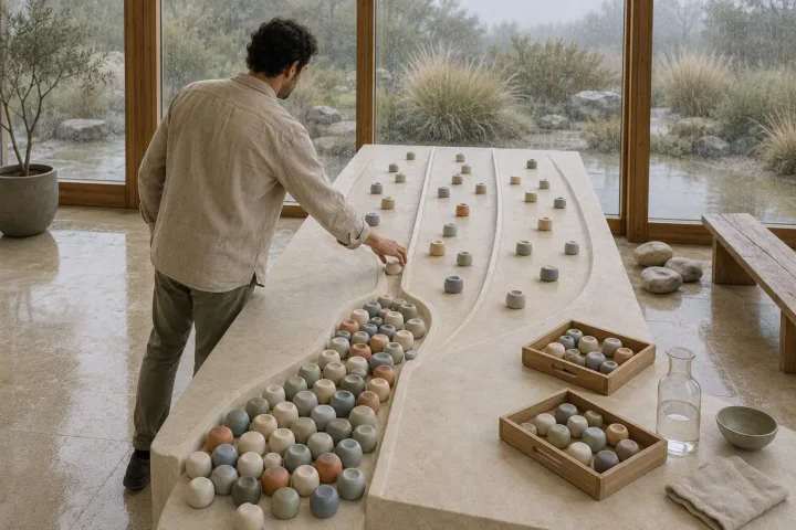 Anonymous facilitator redirects a ceramic unit from a crowded narrow tabletop channel into an open parallel lane inside a serene rain-washed limestone and glass conservatory.