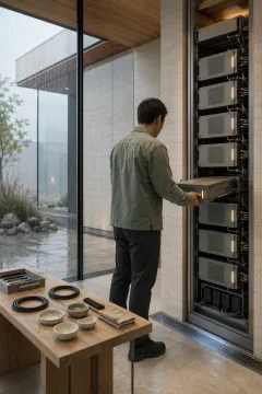 Anonymous technician inspecting a modular edge-computing rack inside a rain-washed limestone and glass technology atrium.