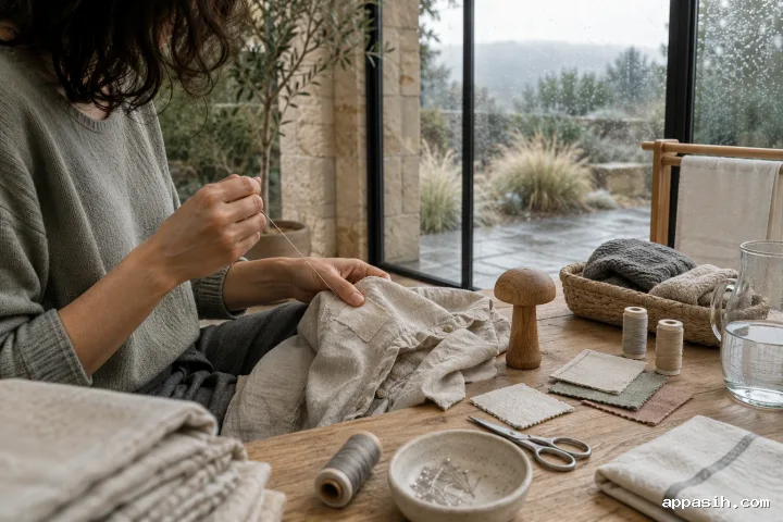 Closer side-front view of an anonymous adult drawing thread through a tonal patch while hand-mending an oatmeal linen overshirt in a rainy contemporary conservatory.