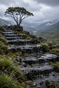 Portrait view of rain-fed dark basalt terraces cascading through silver-green highland grasses toward a misty mountain valley beneath soft overcast morning clouds.
