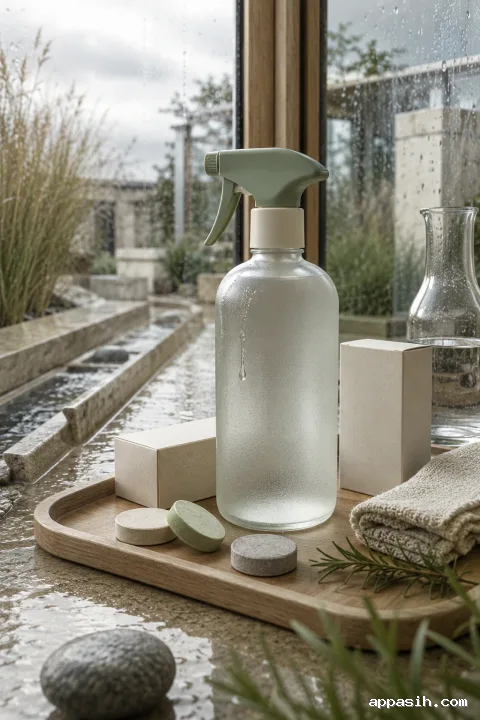 Close portrait product mockup of a blank refillable frosted cleaning spray bottle with dissolvable tablets and sustainable refill cartons, photographed from a low three-quarter angle in a rainy limestone conservatory.