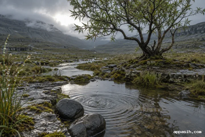 Closer rainy view across reflective limestone fen pools with foreground sedges, falling droplets, a wind-shaped willow, and misty blue-gray hills.