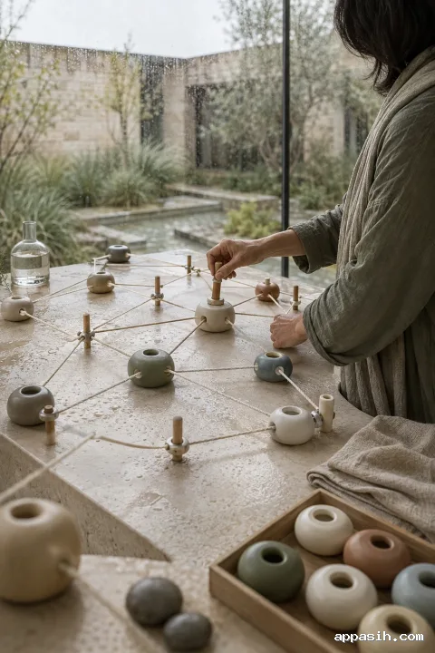 Close portrait editorial view of an anonymous facilitator adjusting a central junction in a tensioned network of ceramic nodes and cords inside a softly illuminated rain-soaked limestone conservatory.