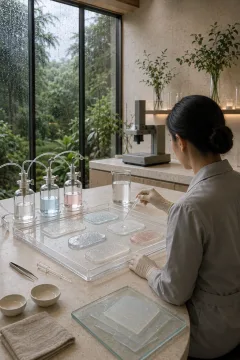 Anonymous medical materials scientist testing translucent hydrogel wound-dressing samples on a laboratory bench inside a rain-lit contemporary conservatory lab.