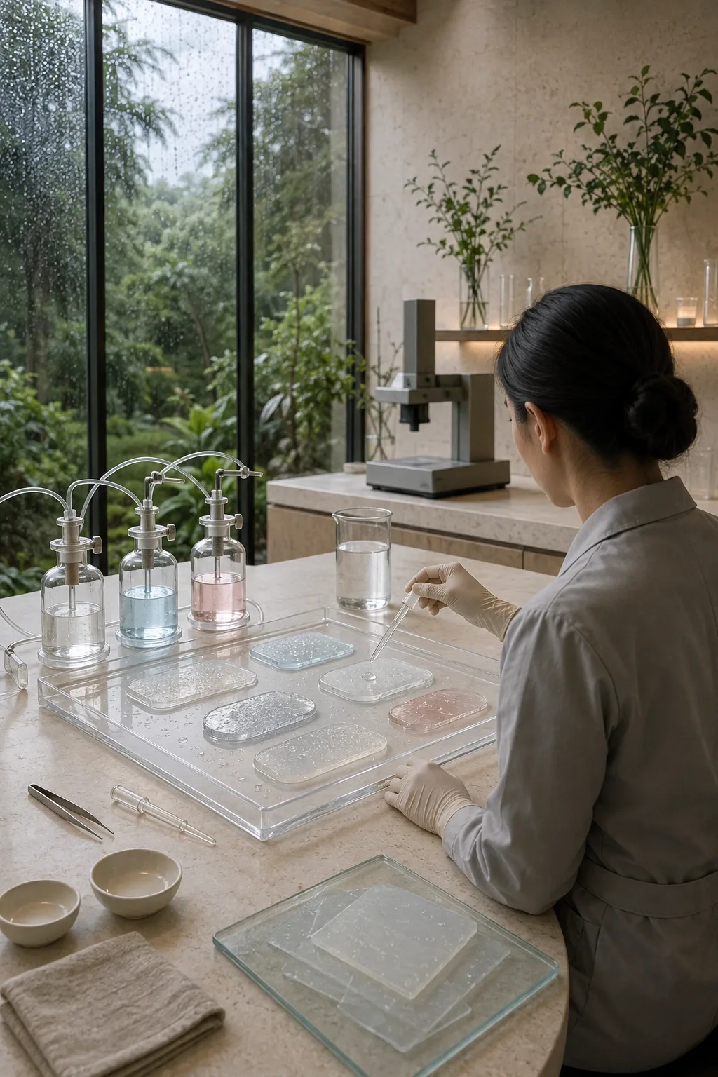 Anonymous medical materials scientist testing translucent hydrogel wound-dressing samples on a laboratory bench inside a rain-lit contemporary conservatory lab.