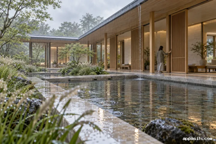Closer low three-quarter view of a limestone and timber passive-cooling courtyard pavilion as an anonymous visitor adjusts a timber screen beside a reflective rainwater basin during a soft morning shower.
