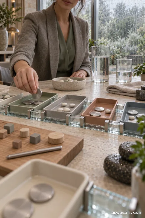 Close side-front view of an anonymous financial strategist lowering a blank metal allocation disc into a muted-sage ceramic tray within a tactile working-capital planning system in a rain-washed conservatory office.