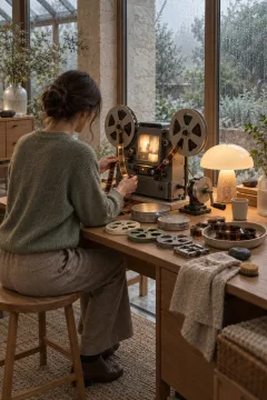 Portrait retro analog film editing atelier with mechanical reels, translucent film strips, warm lamp light, and an anonymous archivist inside a rainy conservatory.