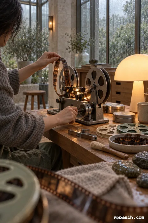 Close portrait view of a retro analog film editing atelier where an anonymous archivist operates mechanical reels beneath warm lamplight beside rain-streaked conservatory windows.