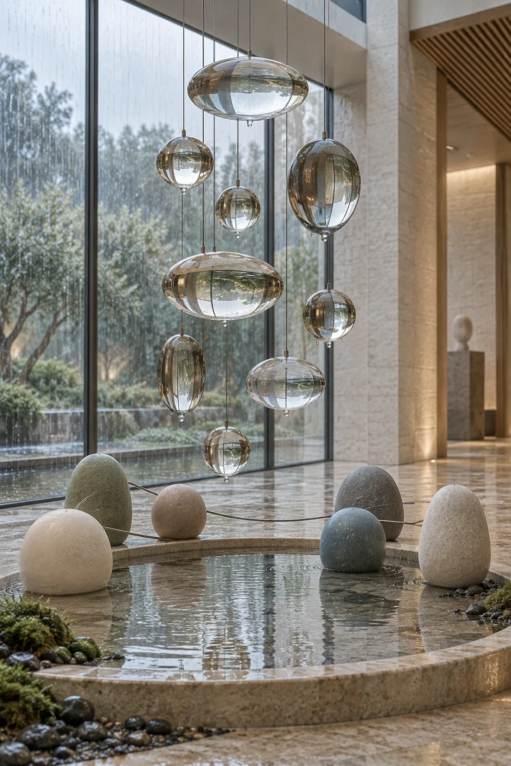 Portrait abstract conservatory installation with eleven suspended translucent liquid lenses above a shallow limestone reflecting basin and muted ceramic anchor forms during soft morning rain.