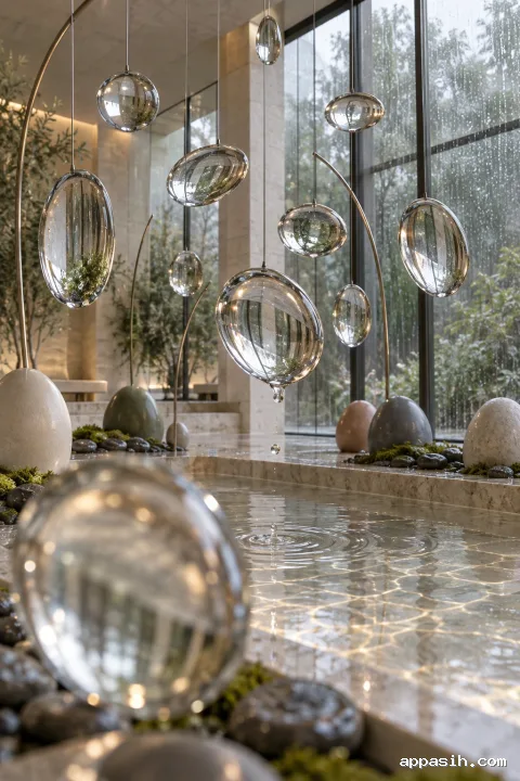 Close low three-quarter portrait view of suspended translucent liquid lenses with a falling droplet, subtle basin ripple, ceramic anchors, and layered rainy conservatory reflections.