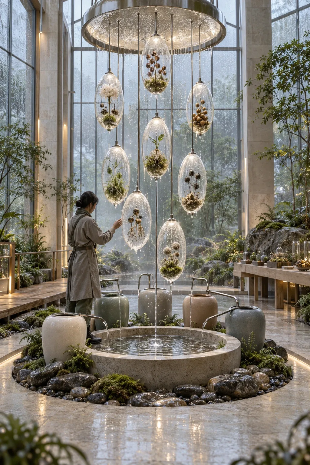 Portrait concept art of a rainy limestone conservatory containing nine suspended translucent seed archive vessels above a shallow reflecting basin, with an anonymous botanical keeper nearby.
