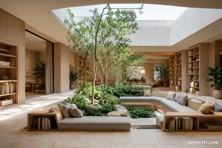 Luxury private reading salon surrounding a circular sunken indoor garden, with curved ivory seating, walnut shelving, travertine columns, bronze accents, and warm sunlight from an oval skylight.