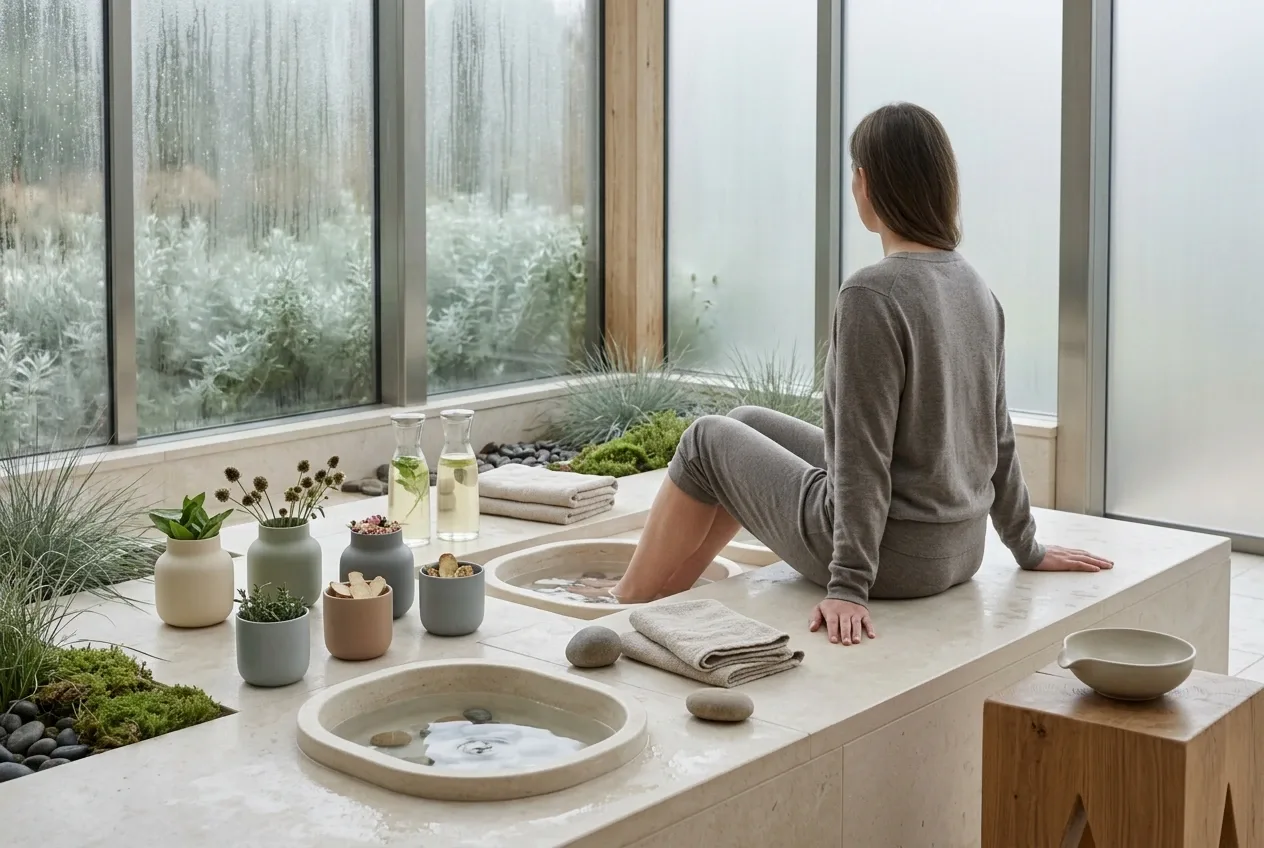 Serene contemporary wellness conservatory with an anonymous guest using a warm foot-soak basin among ceramic botanical vessels, grounding stones, towels, soft steam, and rain-streaked glazing.