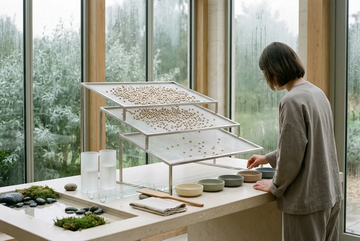 Rain-soaked conservatory editorial installation with layered translucent filtering screens sorting many ceramic beads into five muted ceramic vessels while an anonymous researcher selects one final bead.