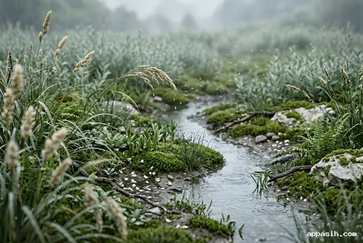 Close low-angle view of a rain-soaked regenerative meadow with drifting seeds, wet grasses, moss, limestone fragments, and a winding reflective water channel under soft overcast light.