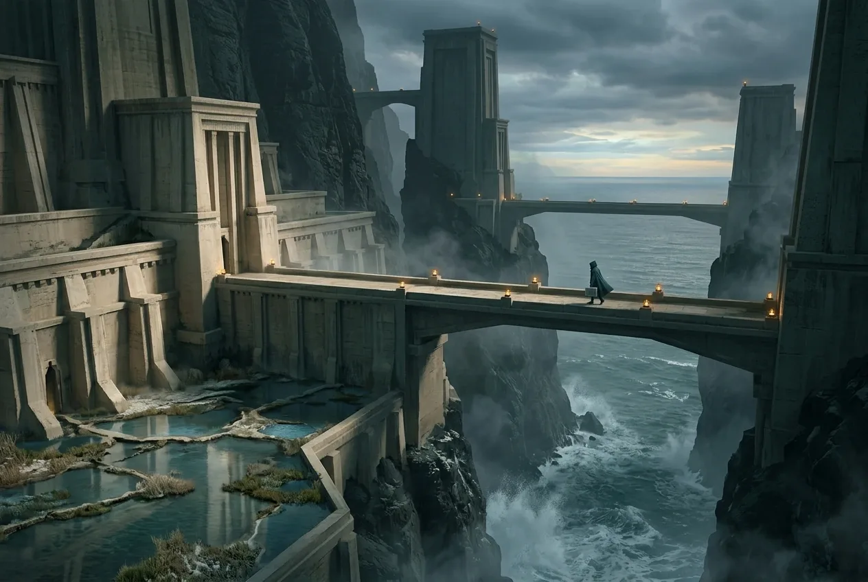 Monumental archive citadel carved into stormy coastal cliffs with elevated bridges, tidal gardens, amber beacons, and a lone archivist above the ocean.