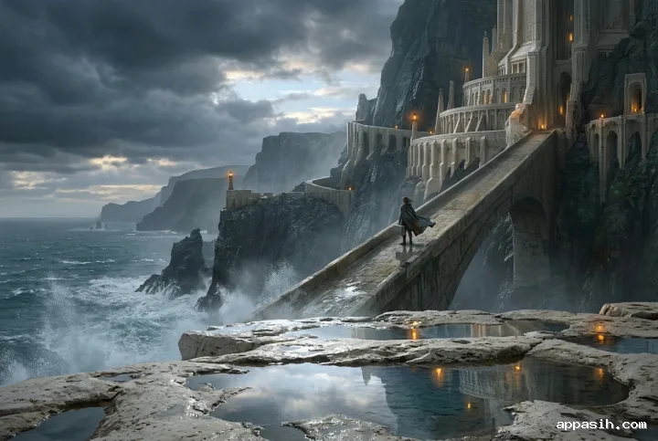 Closer cinematic view of the coastal archive citadel with reflective tidal pools, a sweeping bridge, amber beacons, storm mist, and a lone cloaked archivist.