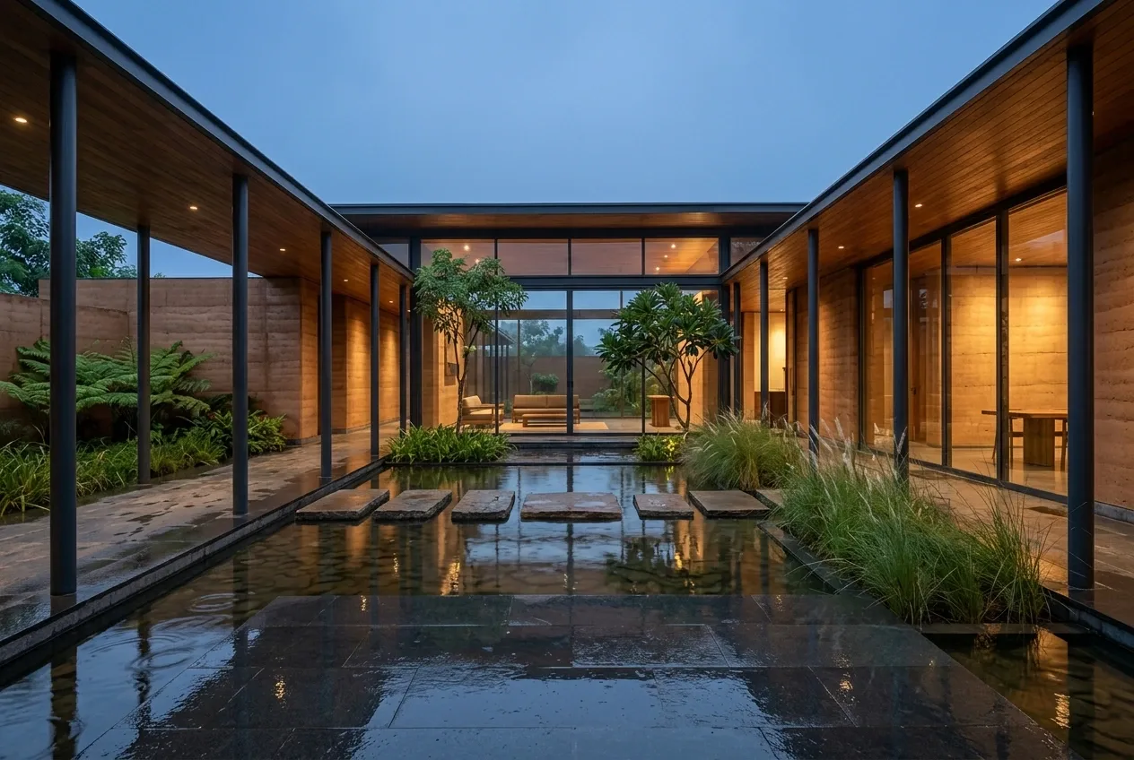 Contemporary rammed-earth tropical pavilion surrounding a rain-filled courtyard at blue hour with warm interior lighting and reflective wet paving.