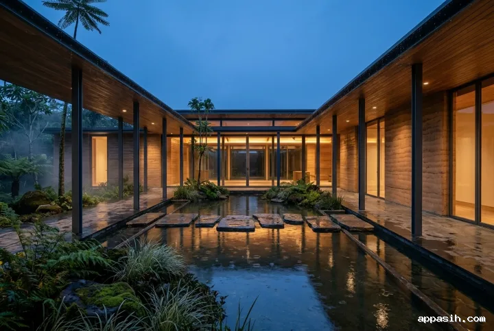 Wide corner view of a contemporary rammed-earth pavilion around a reflective monsoon courtyard, illuminated by warm interior light beneath a blue-hour sky.